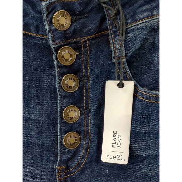 Rue 21 Super High Rise Flare Raw Hem Button Fly Dark Wash Denim Jeans 2 NWT Gift - Picture 9 of 16